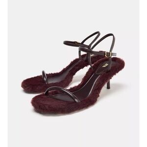 NWT Zara faux fur Burgundy strap Heels sz 37/6.5